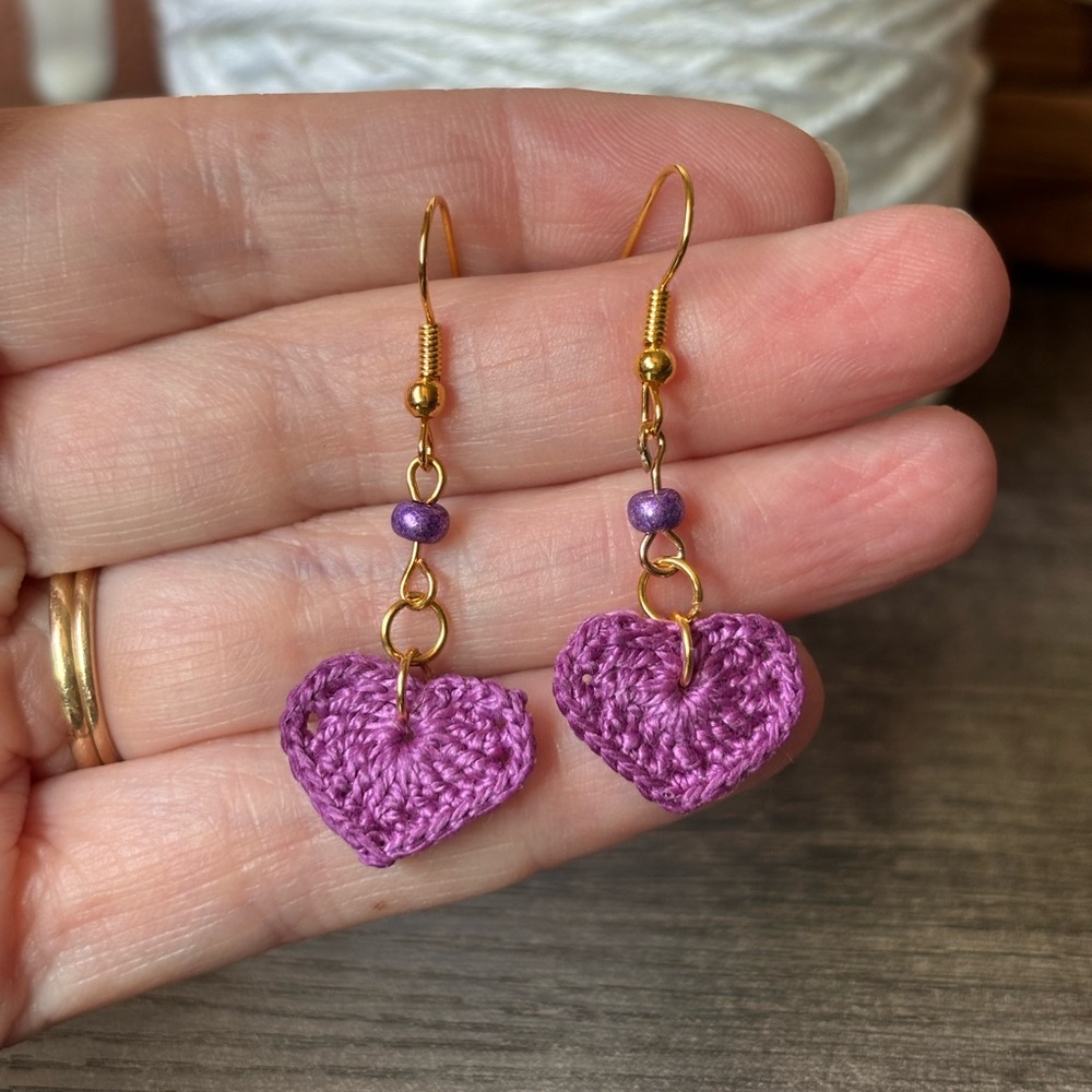 NWOT Hand Crafted Purple Heart Earrings with Gold Hooks